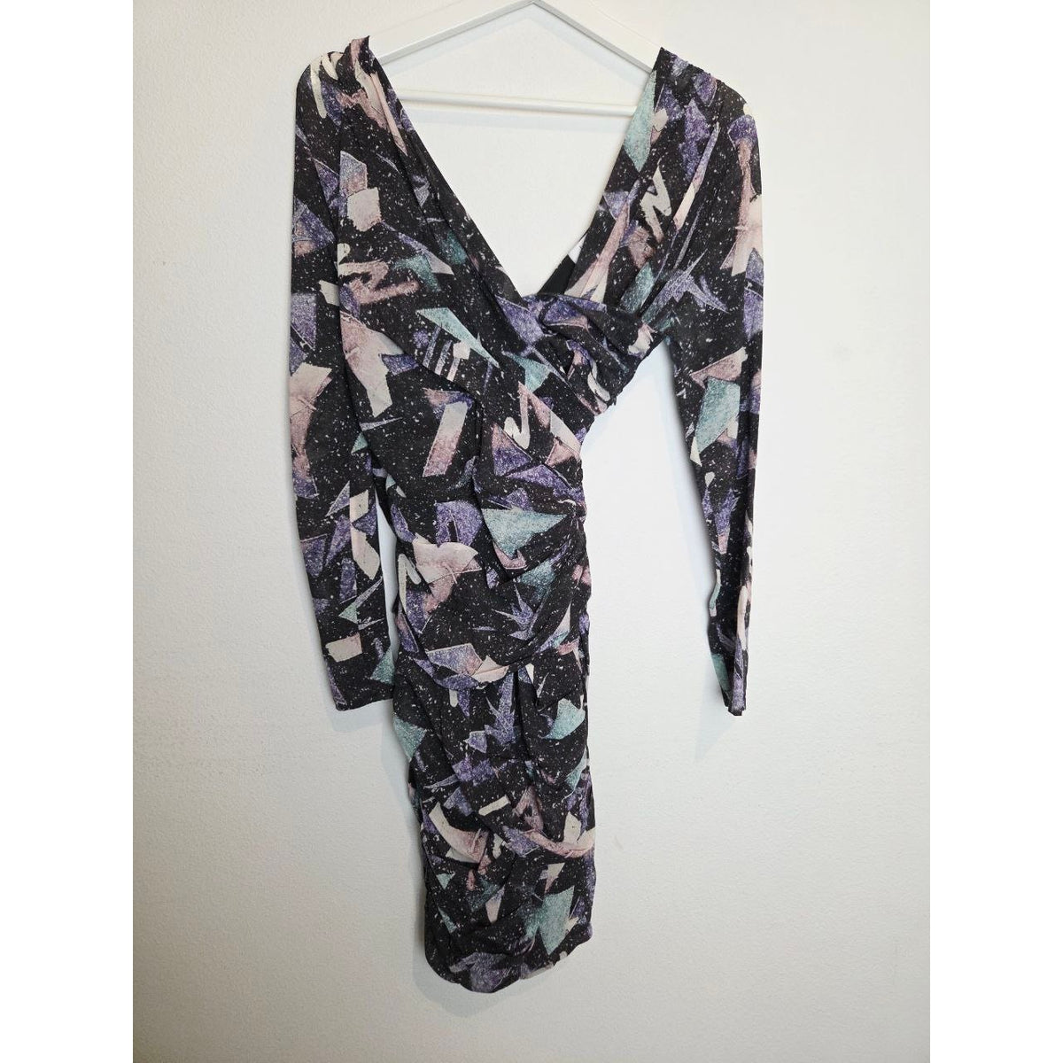 IRO Adecruz Silk Mini Dress XS 2 FR 34 Ruched Long Sleeve Abstract Print NWT