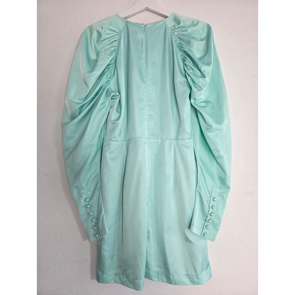 Back view of ROTATE Morning Mist aqua mini dress