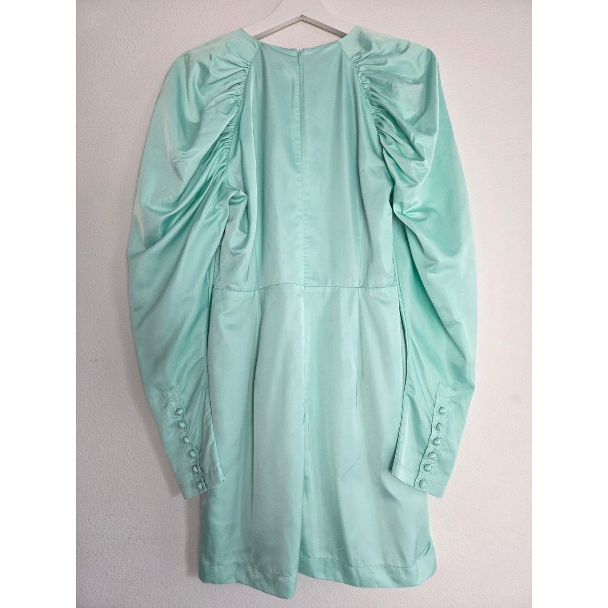 Back view of ROTATE Morning Mist aqua mini dress
