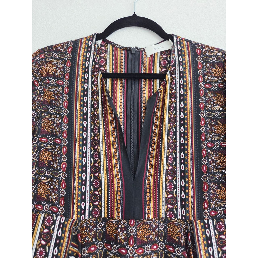 A.L.C. Silk Dress 0 XS Vicky Mini Long Sleeves Scarf Print Asymmetrical Hem Boho