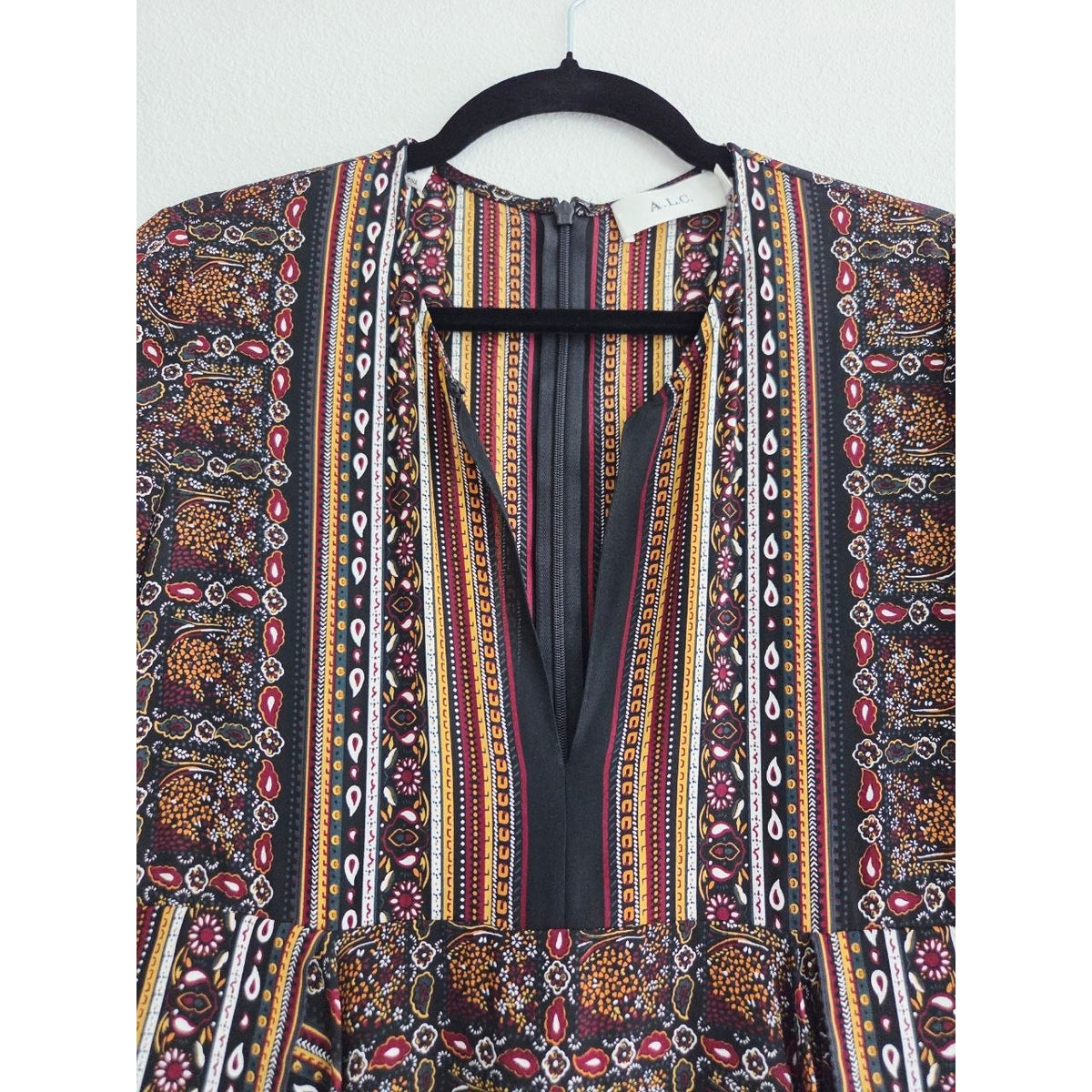 A.L.C. Silk Dress 0 XS Vicky Mini Long Sleeves Scarf Print Asymmetrical Hem Boho