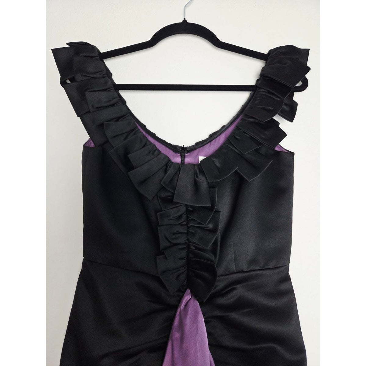 Milly Satin Cocktail Dress 2 XS Black Purple Ruffle Draped Sheath