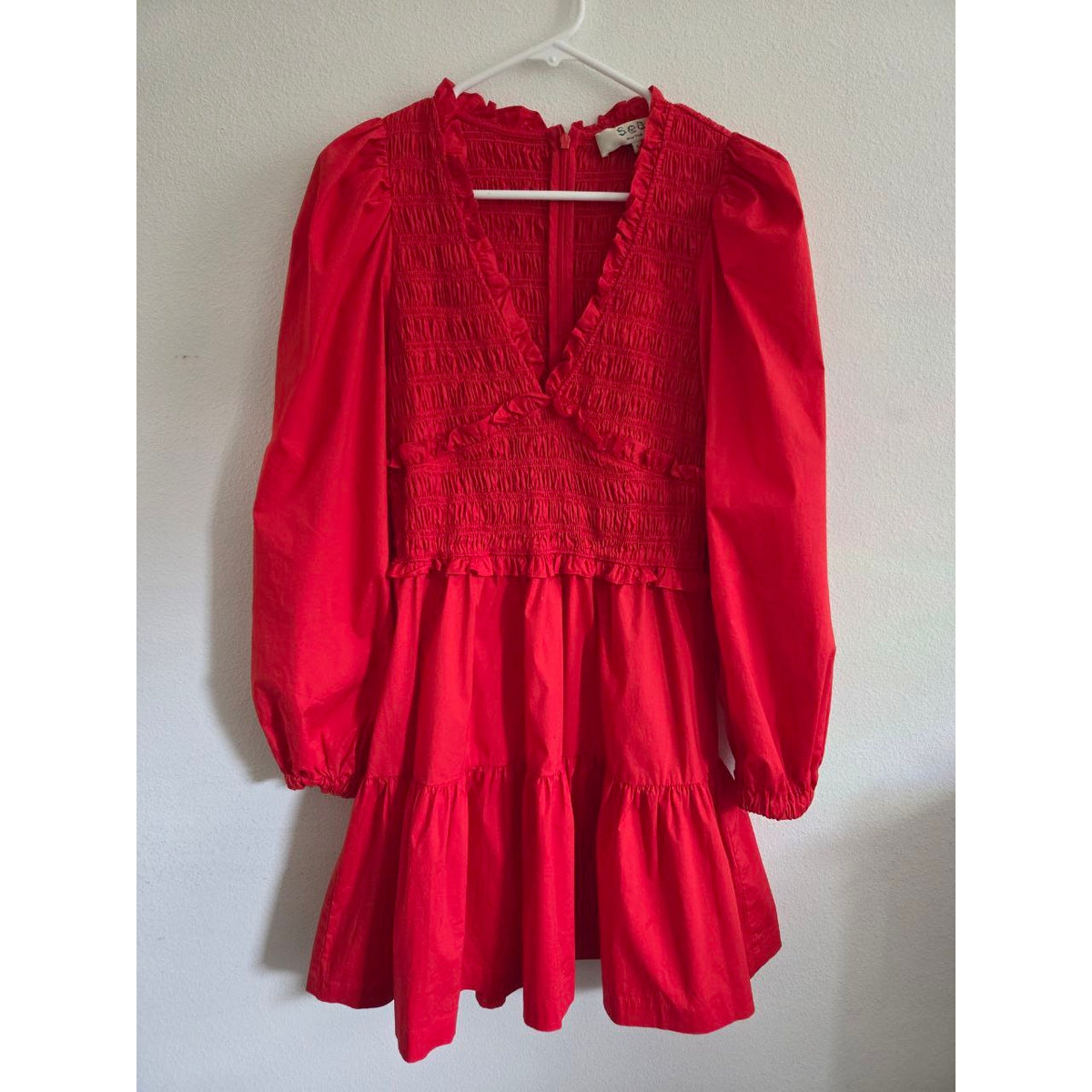 Sea New York Red Mini Dress 4 Small Smocked Puff Sleeve Ruffle Tiered Cotton