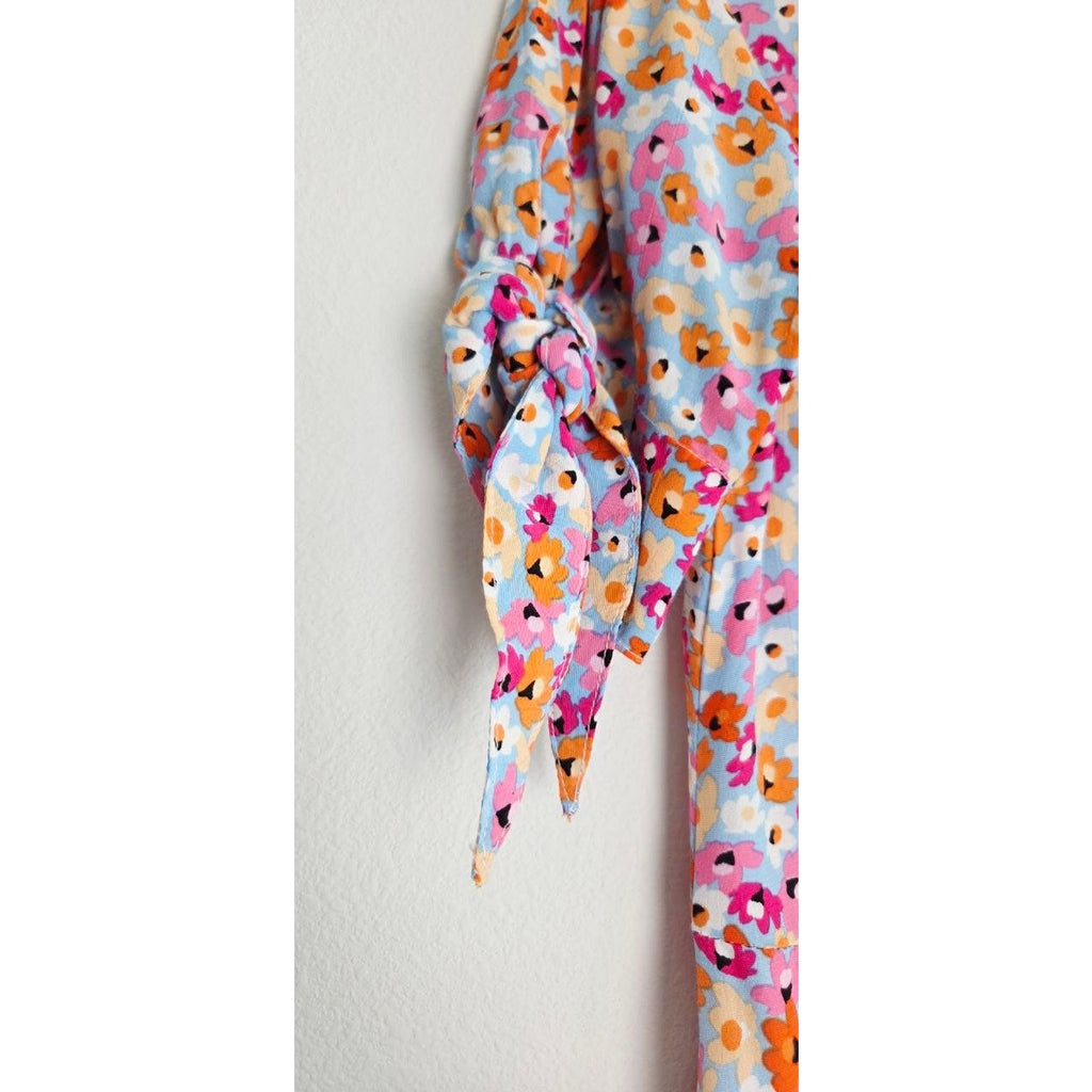 Faithfull The Brand Daphne Mini Dress XS 2 Turnesol Floral Tie Sleeve Ruffle Hem