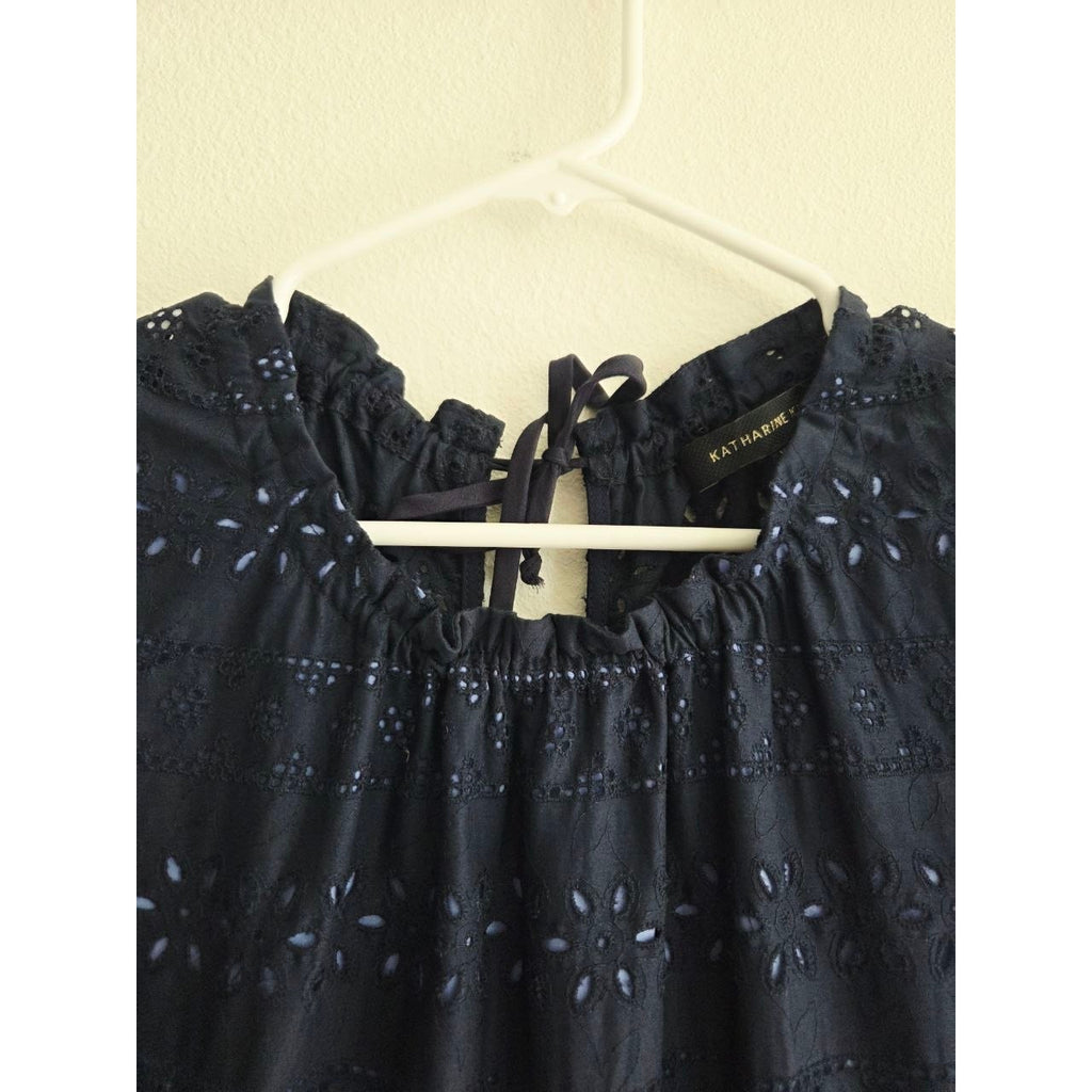 Katharine Kidd Flora Navy Eyelet Midi Dress XS Peplum Side Slit Pockets Made USA