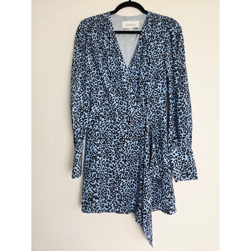 Les Reveries Silk Wrap Dress 2 Blue Leopard 100% Silk Mini Made in USA