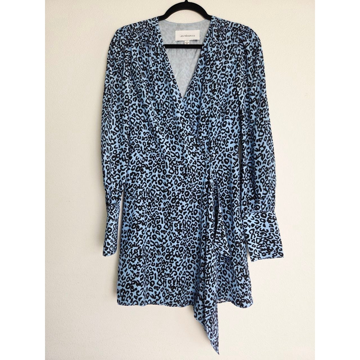 Les Reveries Silk Wrap Dress 2 Blue Leopard 100% Silk Mini Made in USA