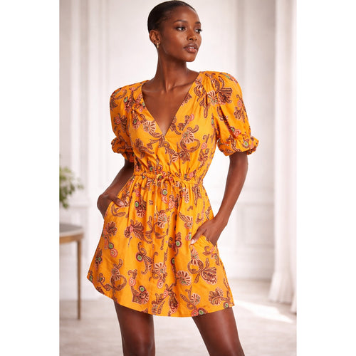 A.L.C. Mia Mini Dress 0 XS Yellow Paisley Puff Sleeves Drawstring Waist Pockets