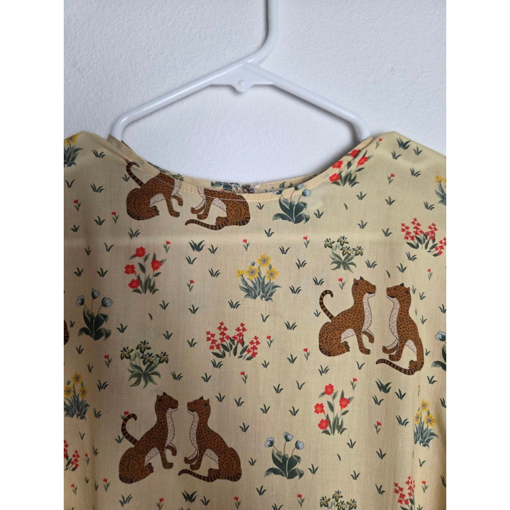 RHODE Safari Mini Dress XS Ella Buttercream Cheetah Floral Tie Waist Ruffle Hem
