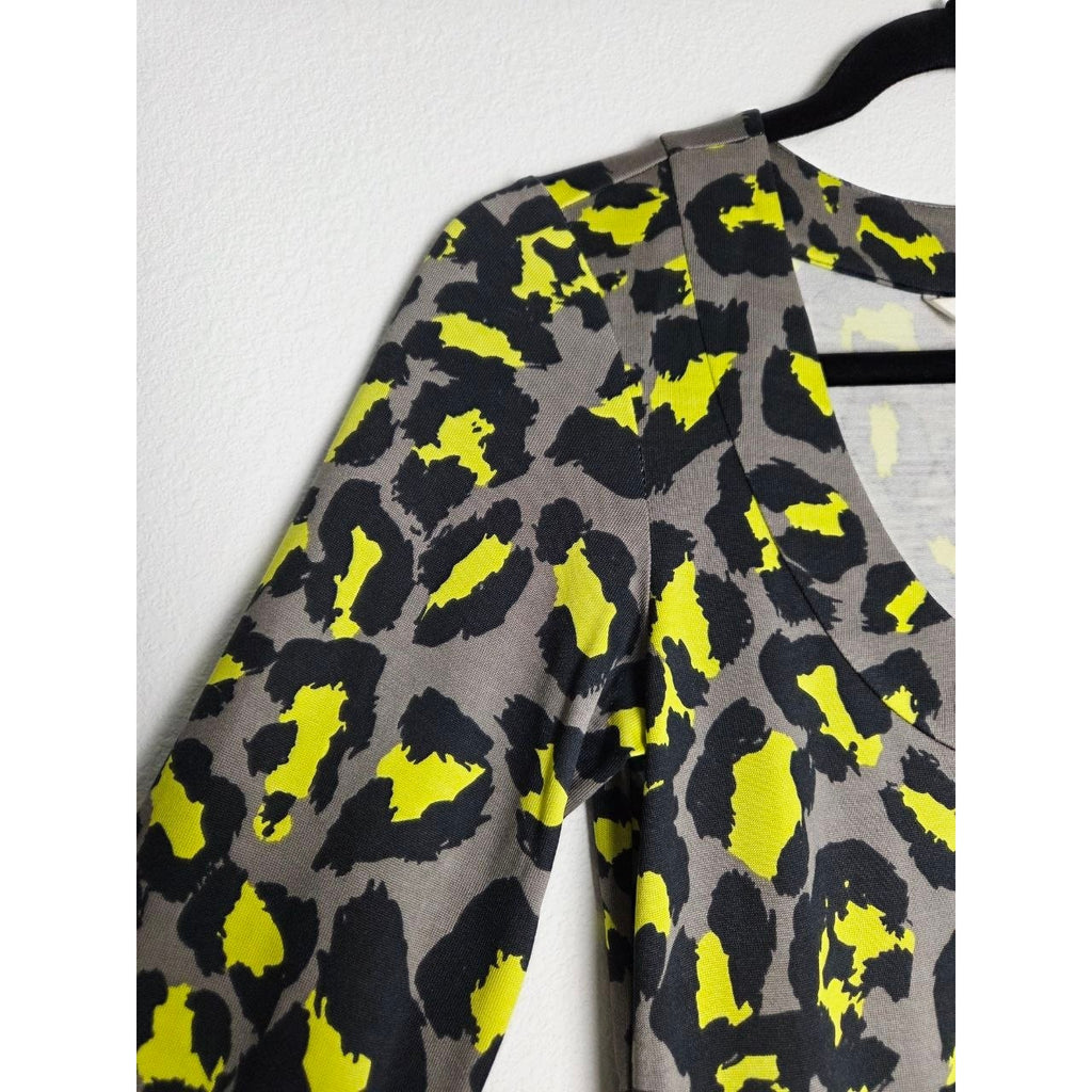 Diane von Furstenberg 100% Silk Dress 2 Yellow Leopard Laetitia 3/4 Sleeve