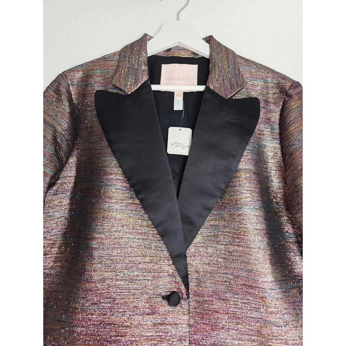 Hutch Free People Blazer Medium Metallic Rose Gold Glam Jacquard Tuxedo Jacket