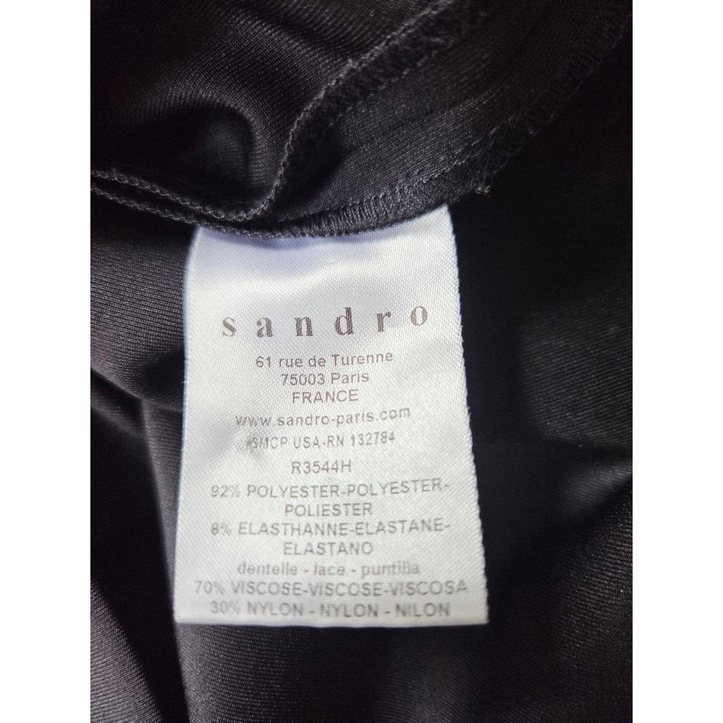 Sandro Black Mini Dress 4 Small Sheath Pencil Short Sleeves Lace Yoke LBD