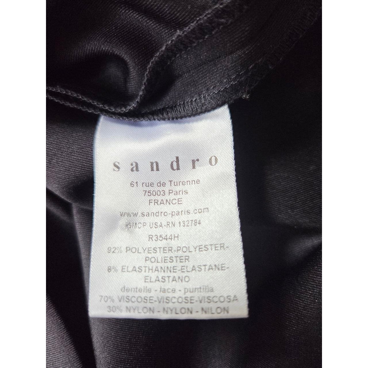 Sandro Black Mini Dress 4 Small Sheath Pencil Short Sleeves Lace Yoke LBD