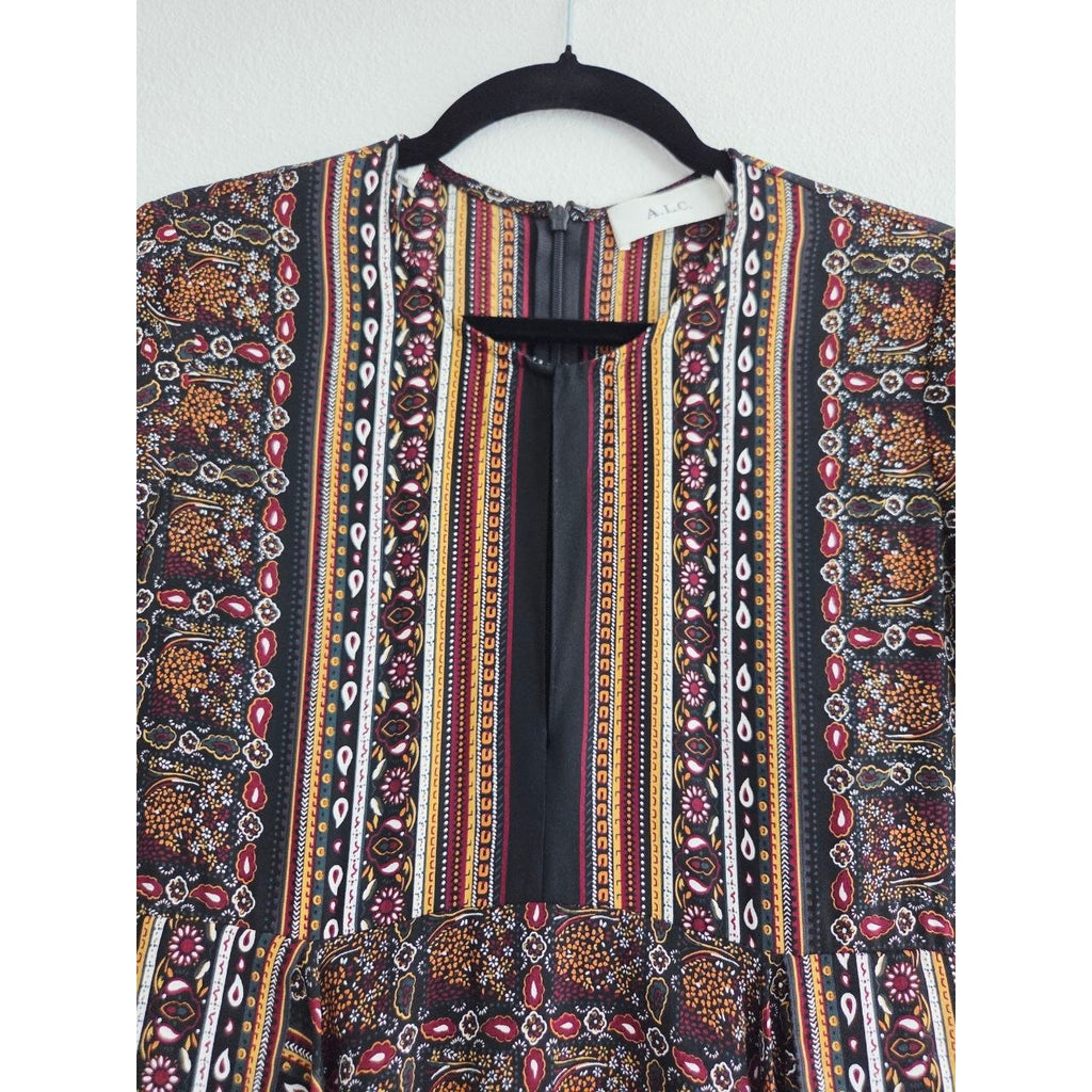 A.L.C. Silk Dress 0 XS Vicky Mini Long Sleeves Scarf Print Asymmetrical Hem Boho