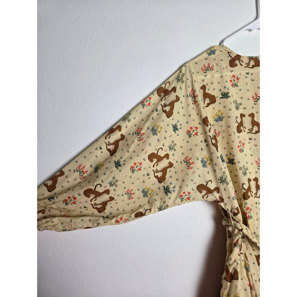 RHODE Safari Mini Dress XS Ella Buttercream Cheetah Floral Tie Waist Ruffle Hem