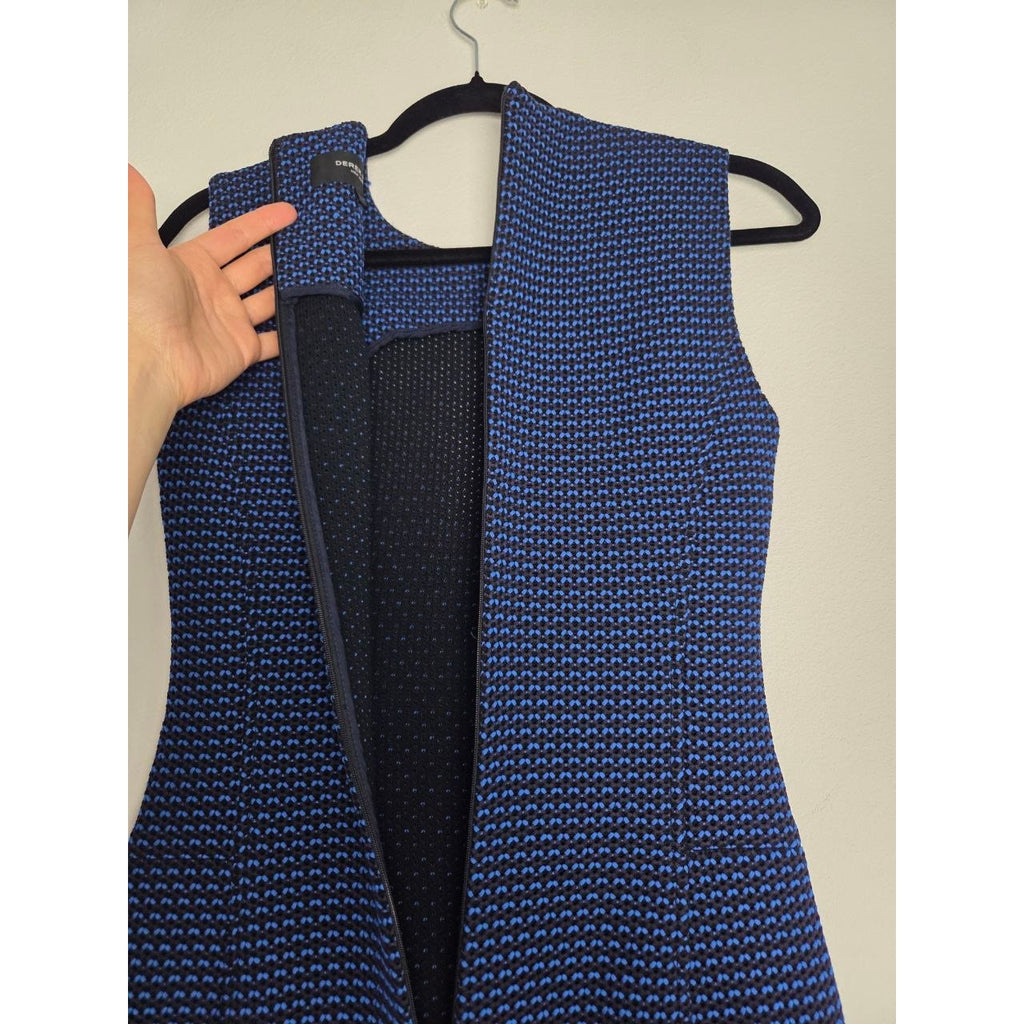 Open back zipper and lining of Derek Lam blue and black sheath dress