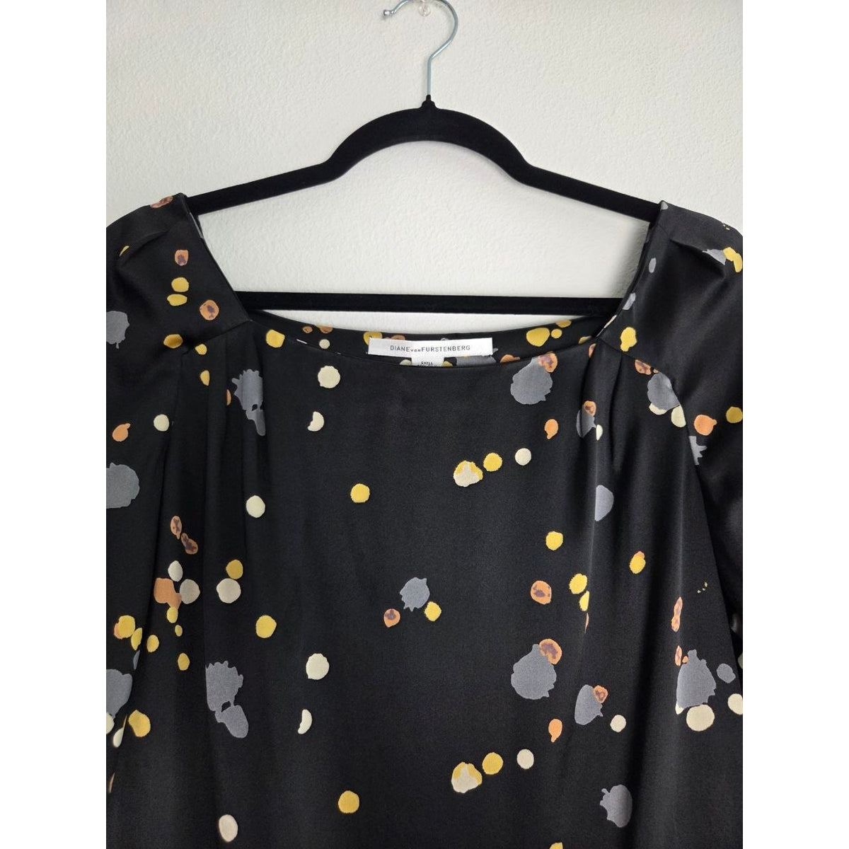 Diane von Furstenberg Silk Dress 2 XS Black Confetti 3/4 Balloon Sleeve Square