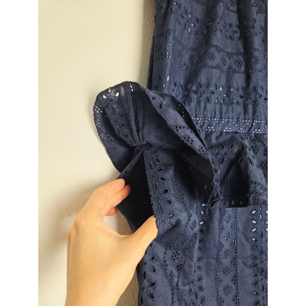 Katharine Kidd Flora Navy Eyelet Midi Dress XS Peplum Side Slit Pockets Made USA