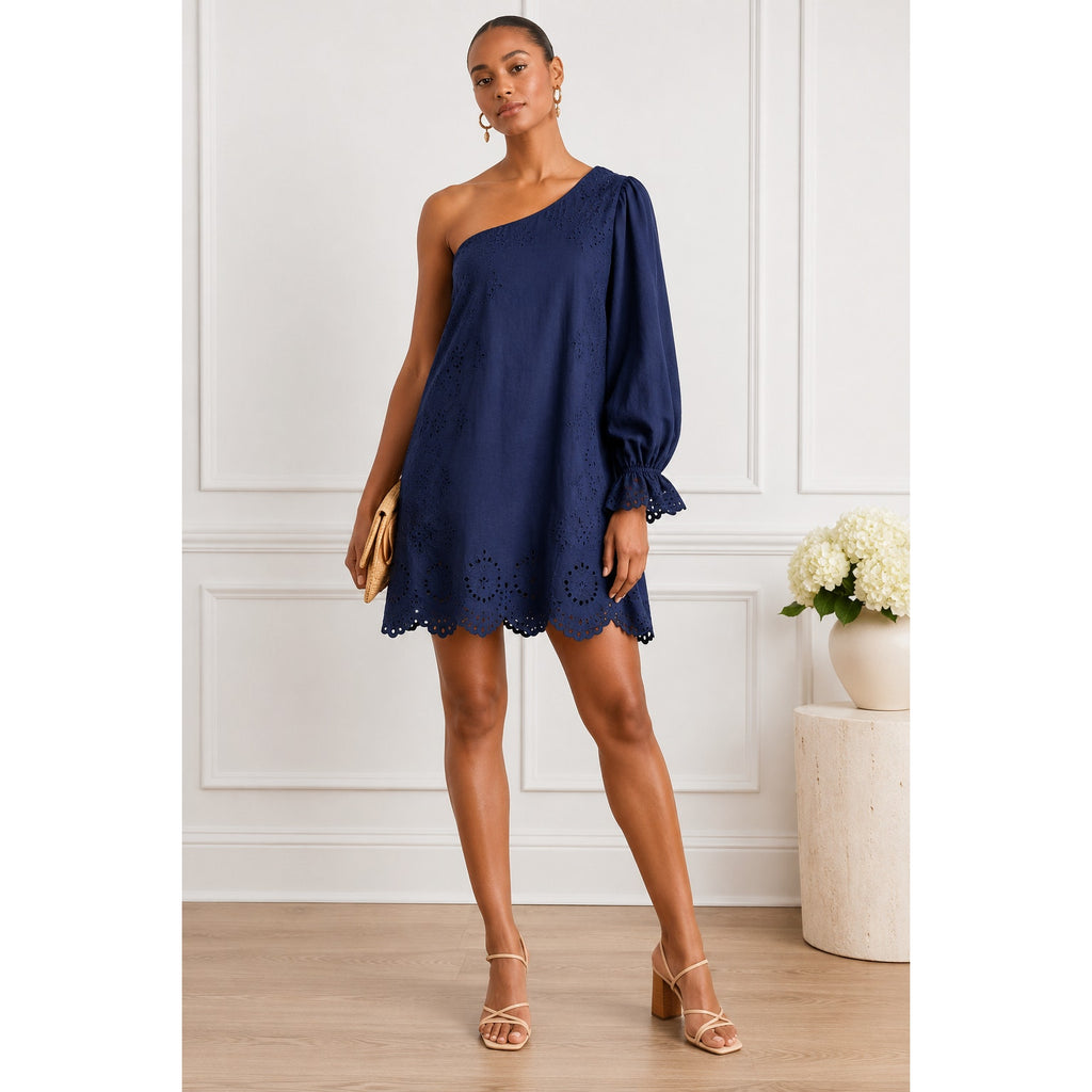 Hill House Home Mila Navy One-Shoulder Linen Mini Dress S