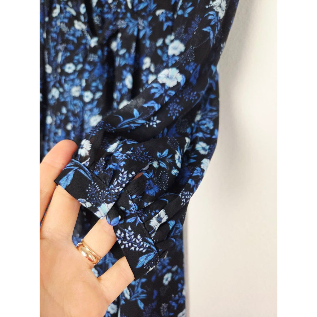 Kooples Floral Mini Dress Small 4 Blue Poppy Silk Look V Neck Wide Tie Waist