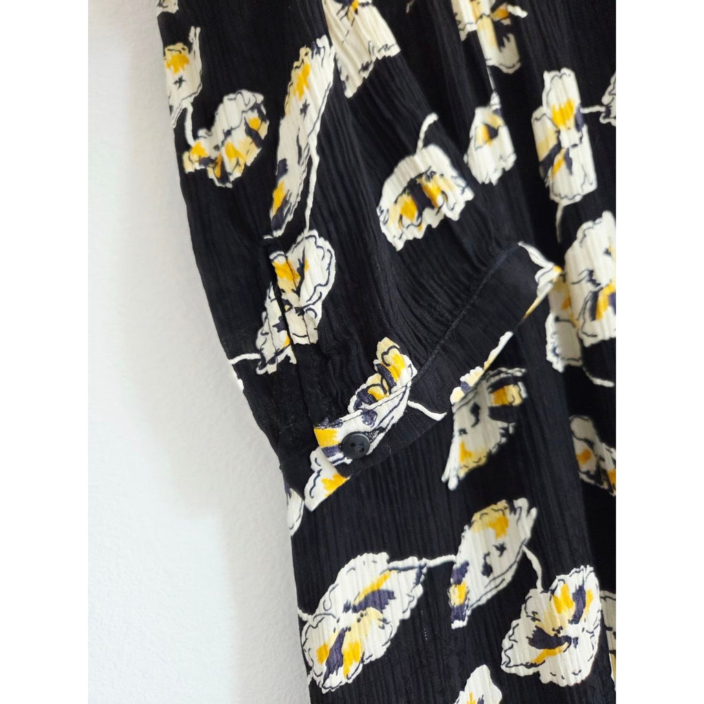 BA&SH Uta Floral Mini Dress 6 Medium Black Crinkled Babydoll Swing Boho
