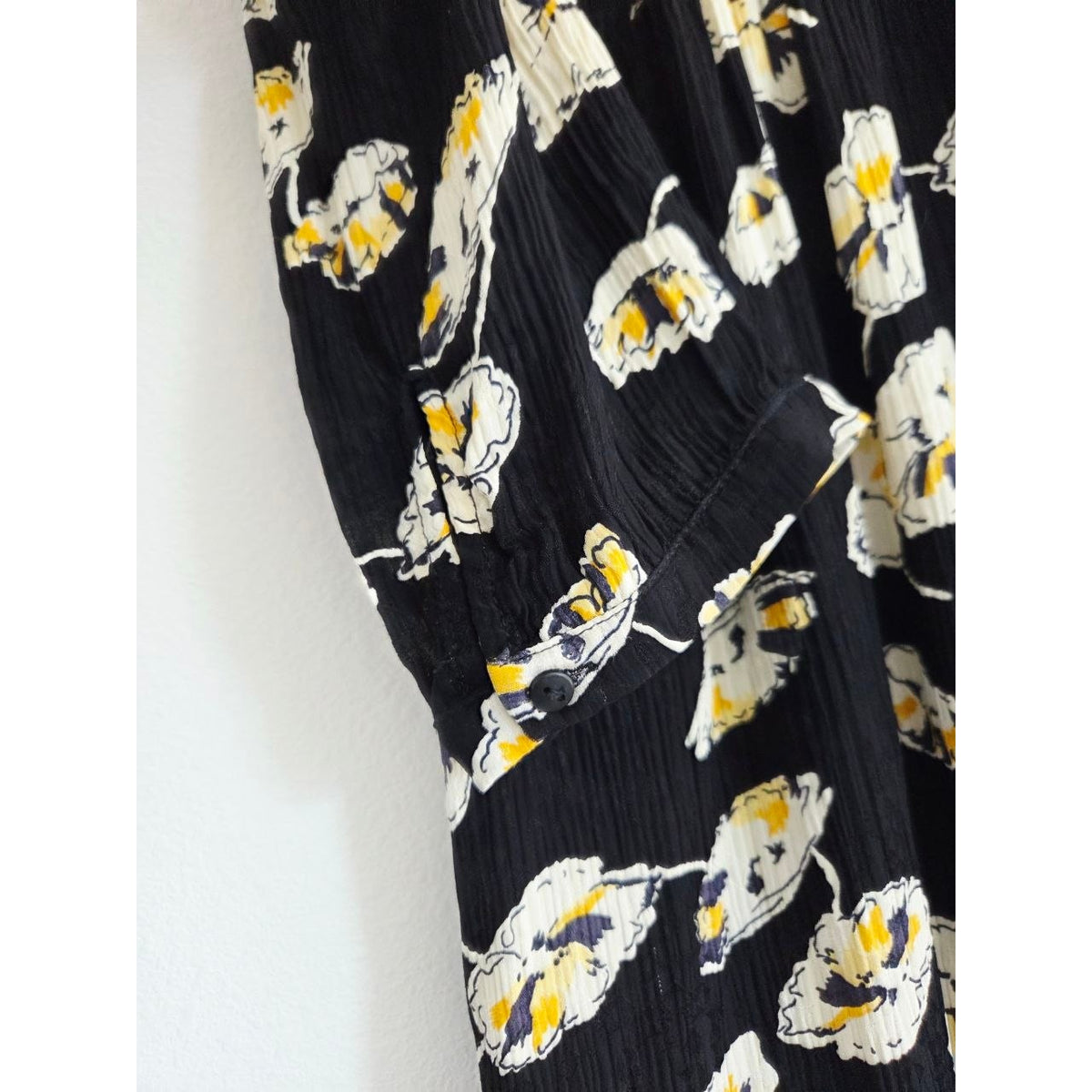 BA&SH Uta Floral Mini Dress 6 Medium Black Crinkled Babydoll Swing Boho