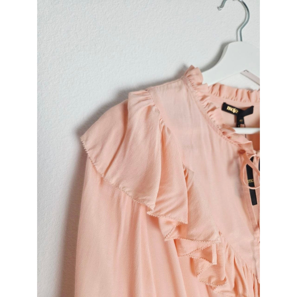 Ruffled collar and shoulder of Maje Riava blush mini dress