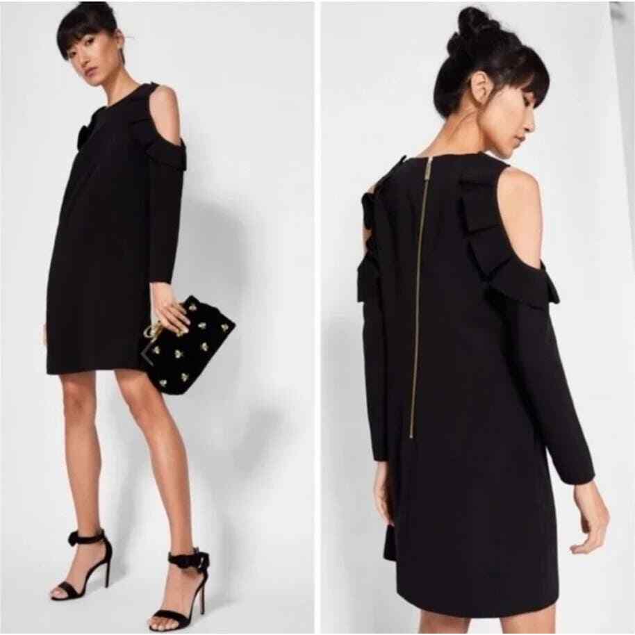 Ted Baker Siiara Black Cold Shoulder Dress 2 XS Mini Ruffle Long Sleeves Pockets