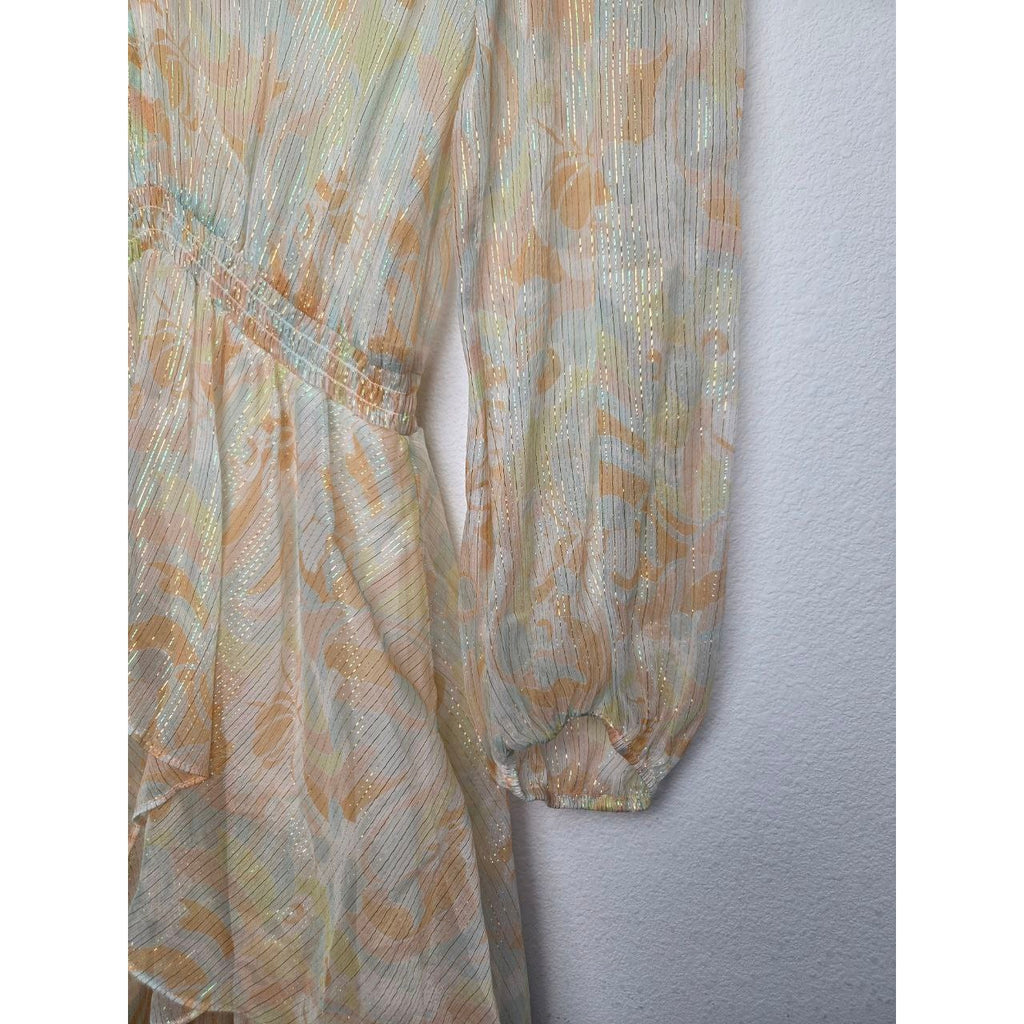 Smocked waist and sleeve detail of Maje Rufflino metallic silk-blend maxi dress