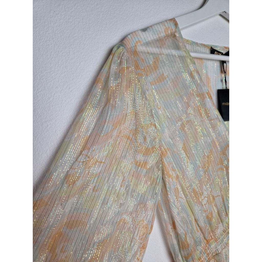 Long sleeve and shoulder of Maje Rufflino metallic silk-blend maxi dress