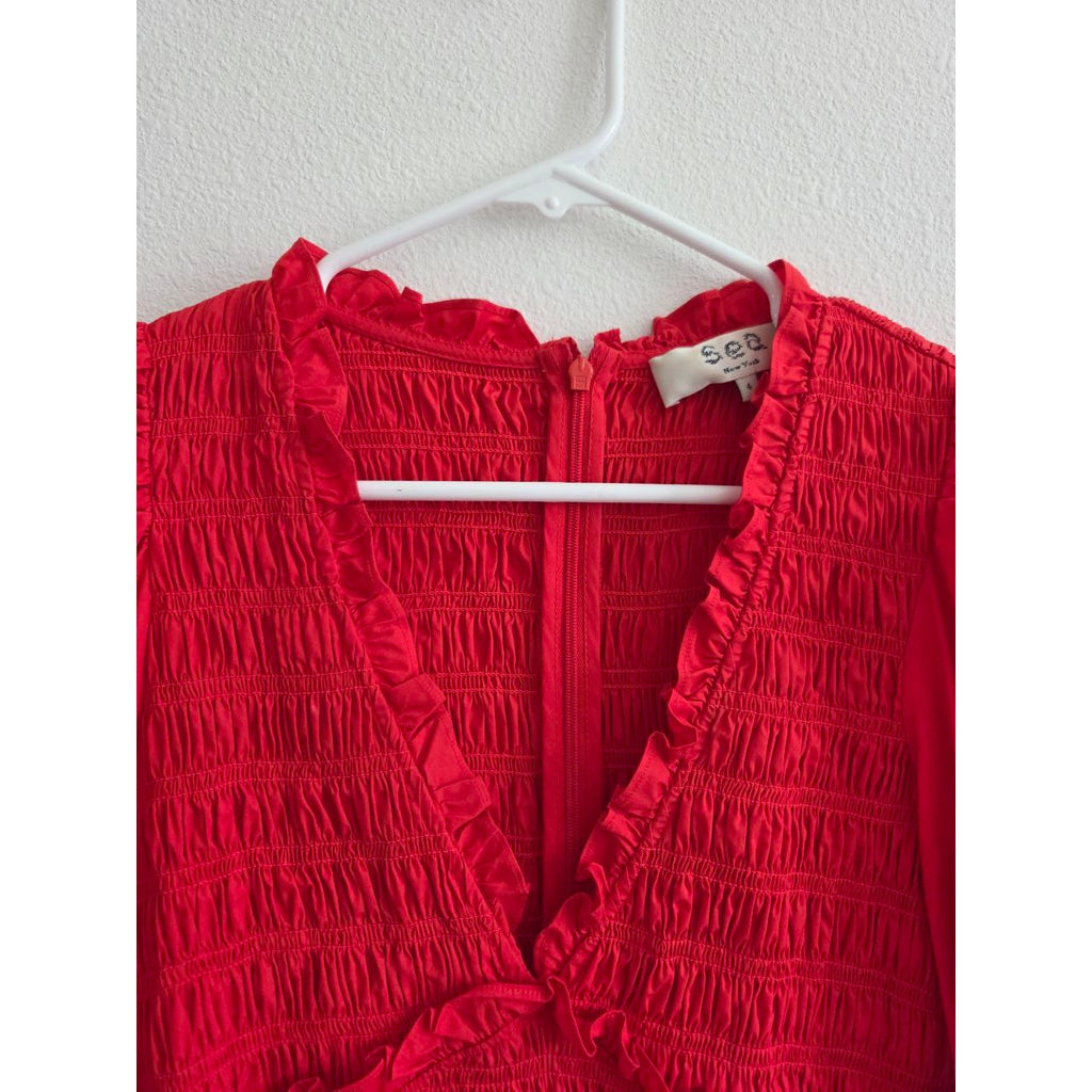 Sea New York Red Mini Dress 4 Small Smocked Puff Sleeve Ruffle Tiered Cotton