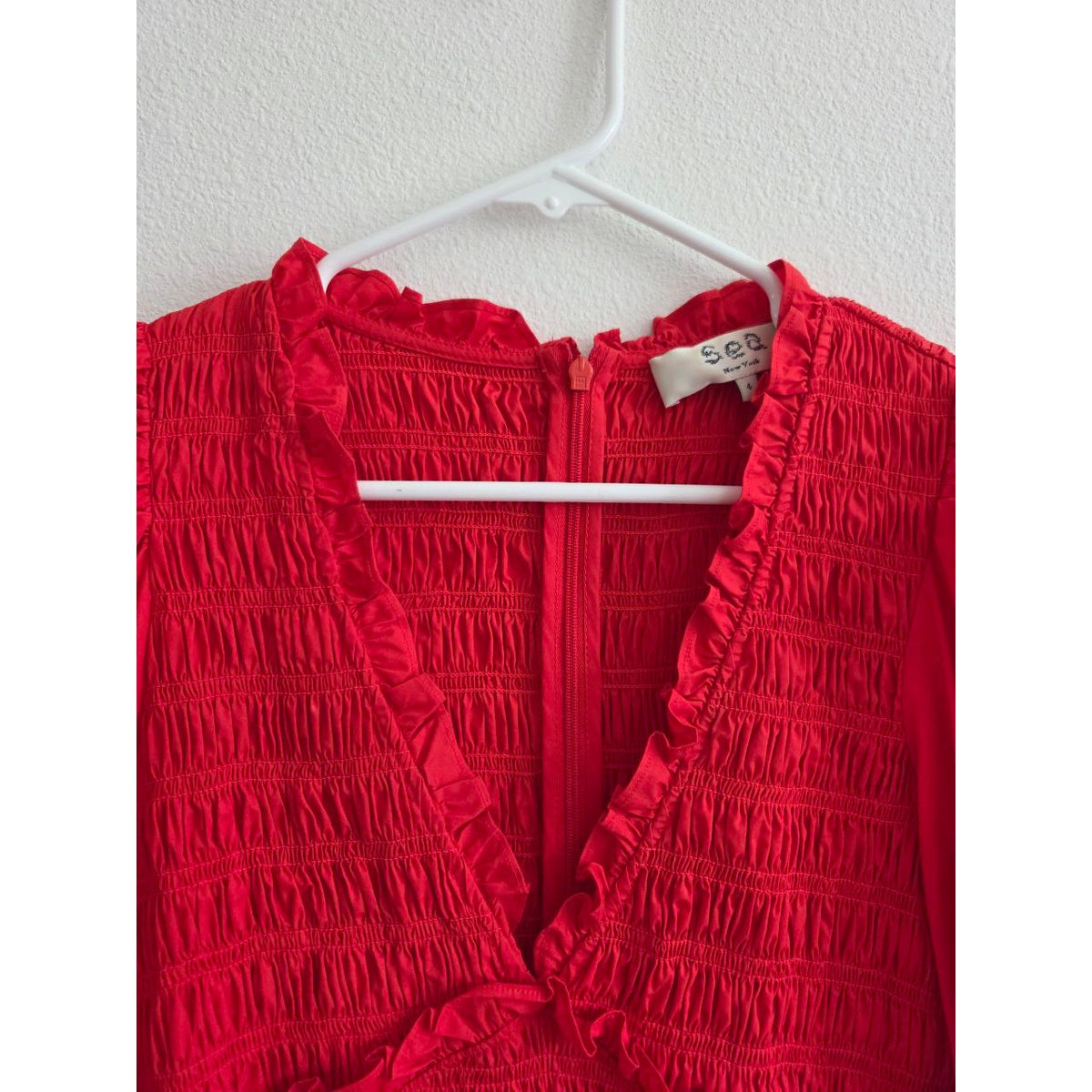 Sea New York Red Mini Dress 4 Small Smocked Puff Sleeve Ruffle Tiered Cotton