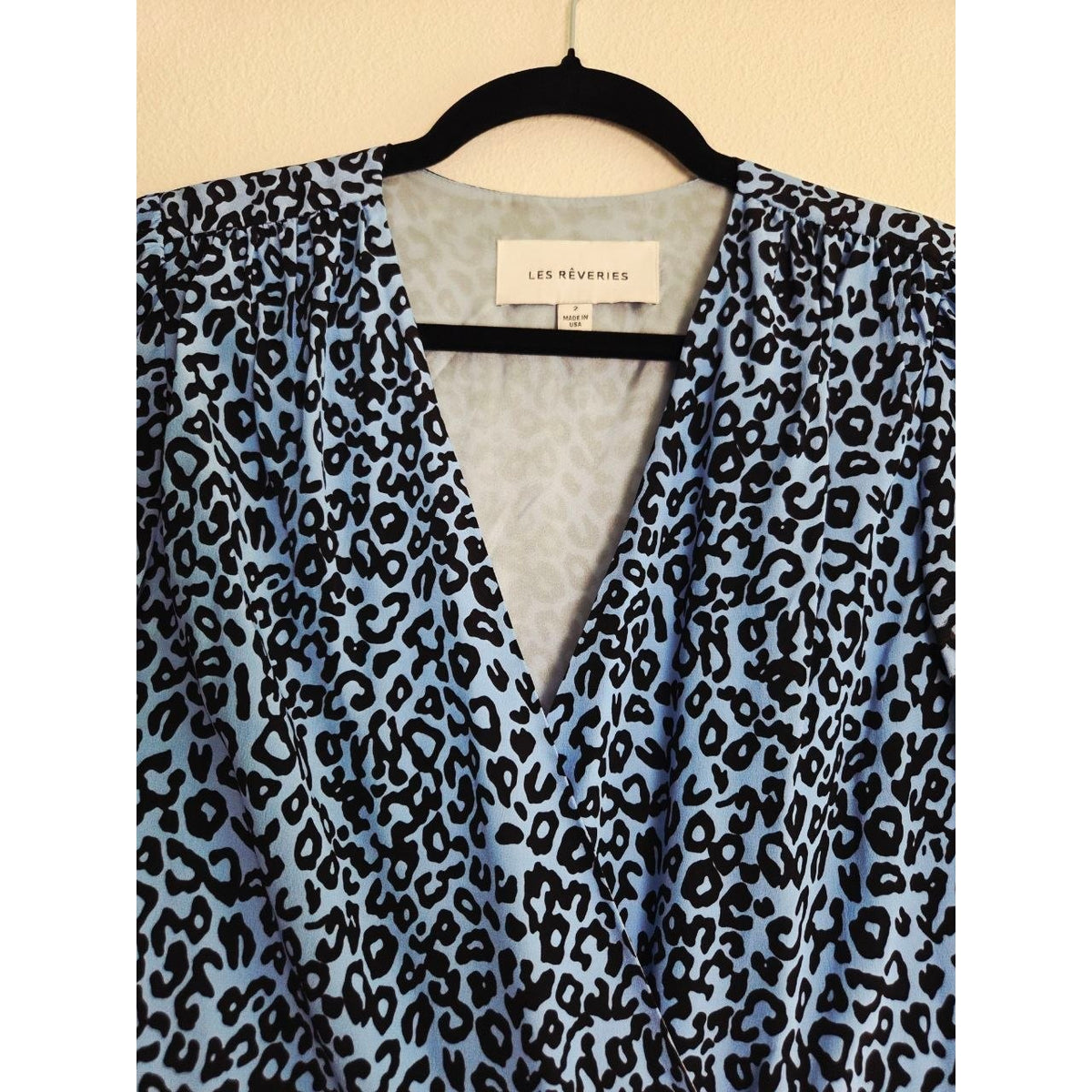 Les Reveries Silk Wrap Dress 2 Blue Leopard 100% Silk Mini Made in USA