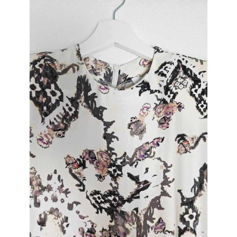 IRO Paris Satyan Dress 0 XXS FR 32 Ivory Shoulder Pads Asymmetric Abstract Floral