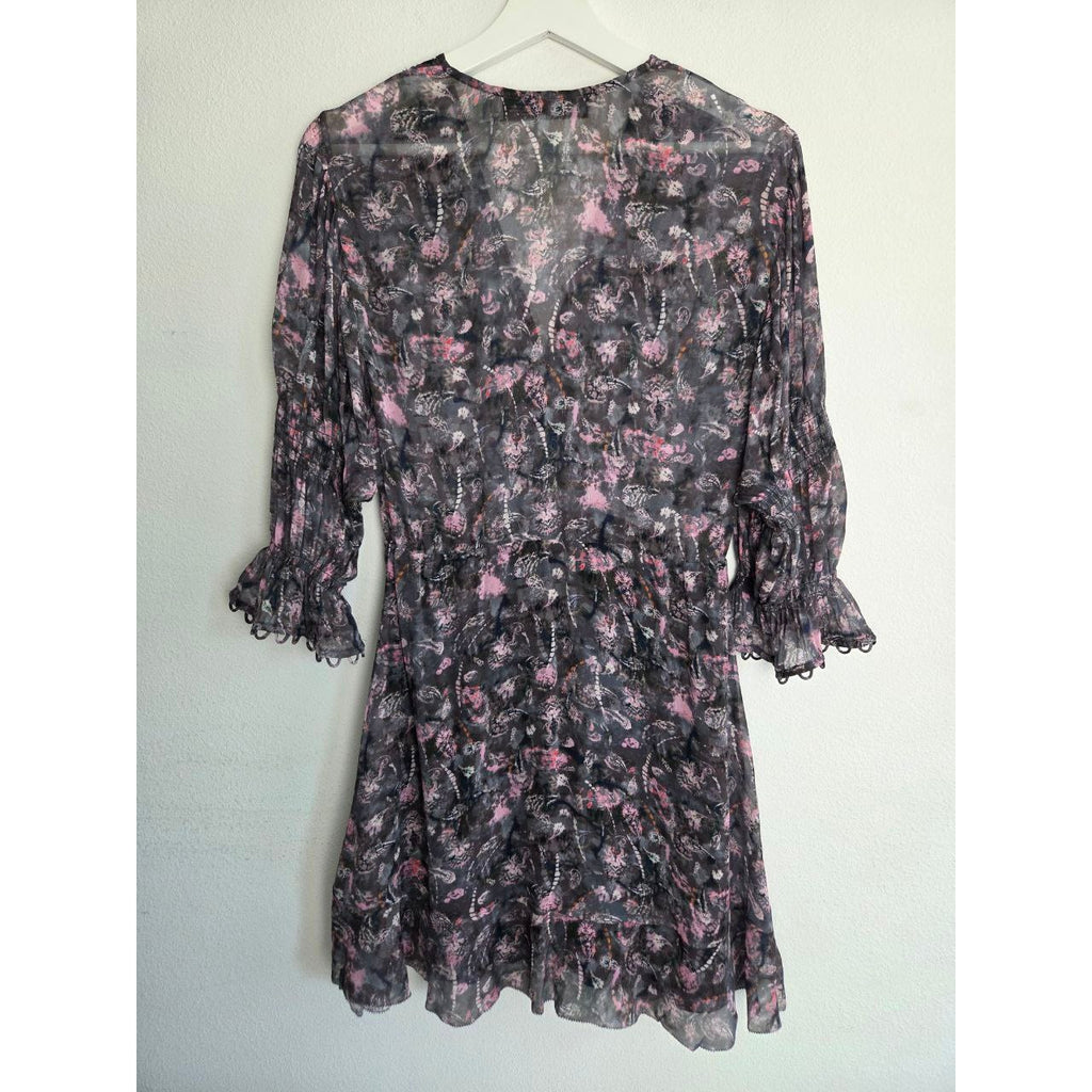 IRO Lolly Chiffon Mini Dress EU 34 XS 2 Black Pink Ruffle Bell Sleeve