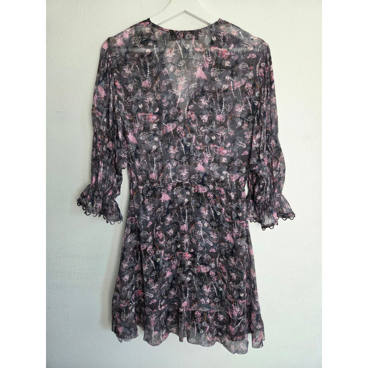 IRO Lolly Chiffon Mini Dress EU 34 XS 2 Black Pink Ruffle Bell Sleeve