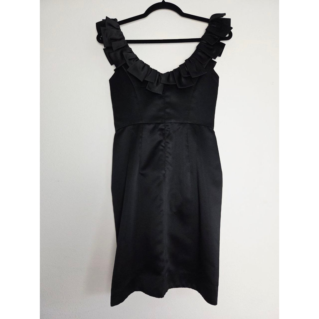 Milly Satin Cocktail Dress 2 XS Black Purple Ruffle Draped Sheath