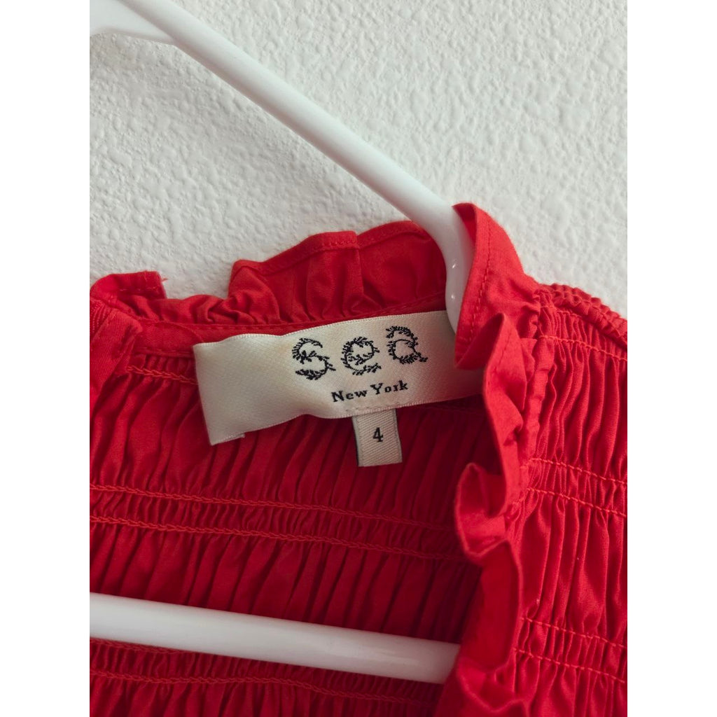 Sea New York Red Mini Dress 4 Small Smocked Puff Sleeve Ruffle Tiered Cotton