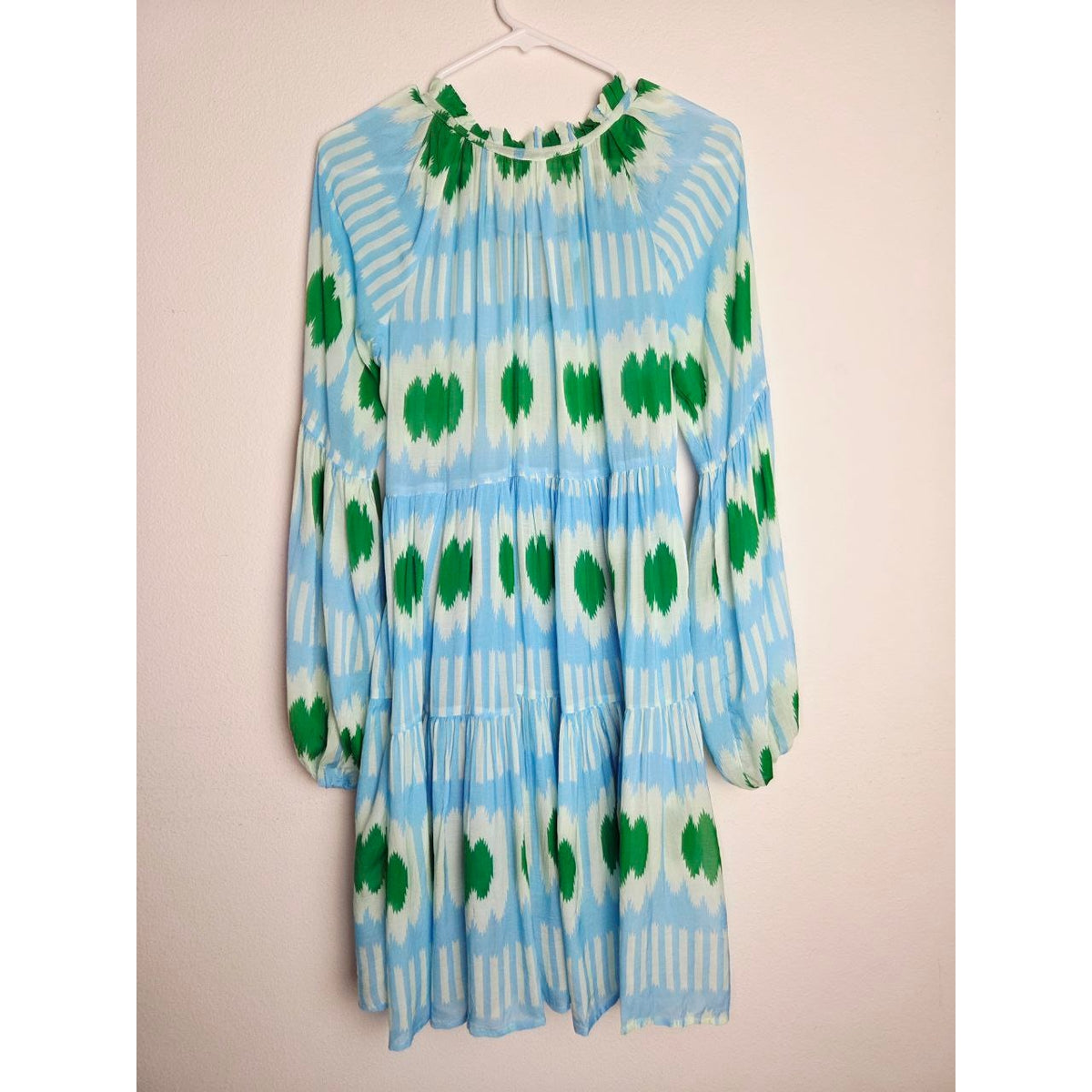 Oliphant Silk Mini Dress XS Blue Green Ikat Tiered Mini Tassels Long Sleeves