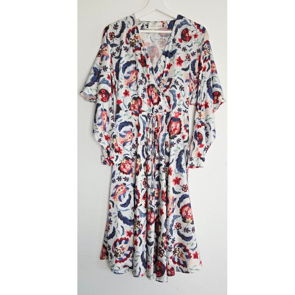 Sachin & Babi Multi Bloom Dress 2 Small Floral Pomegranate Print Faux Wrap Midi