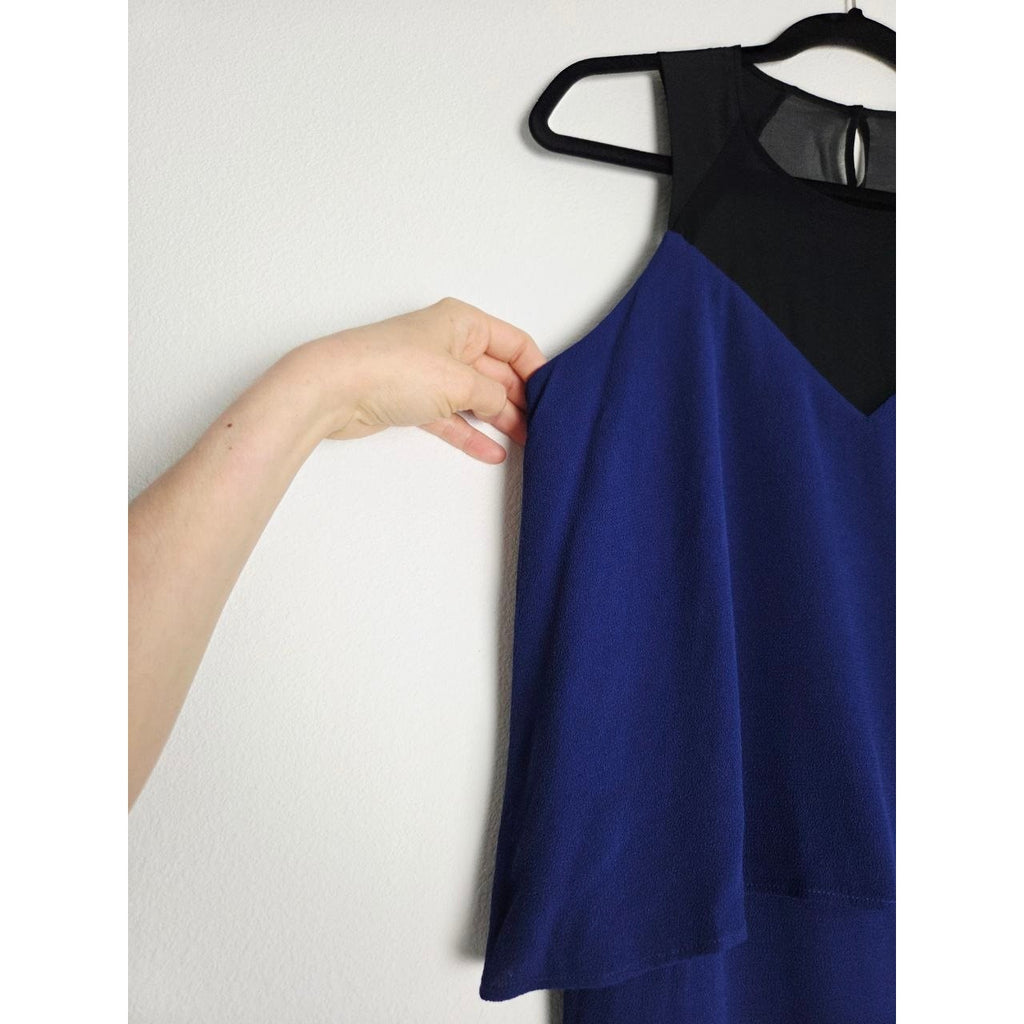 Sandro Paris Romy Dress 6 Medium Cobalt Blue Crepe Sheer Overlay Shift Layered
