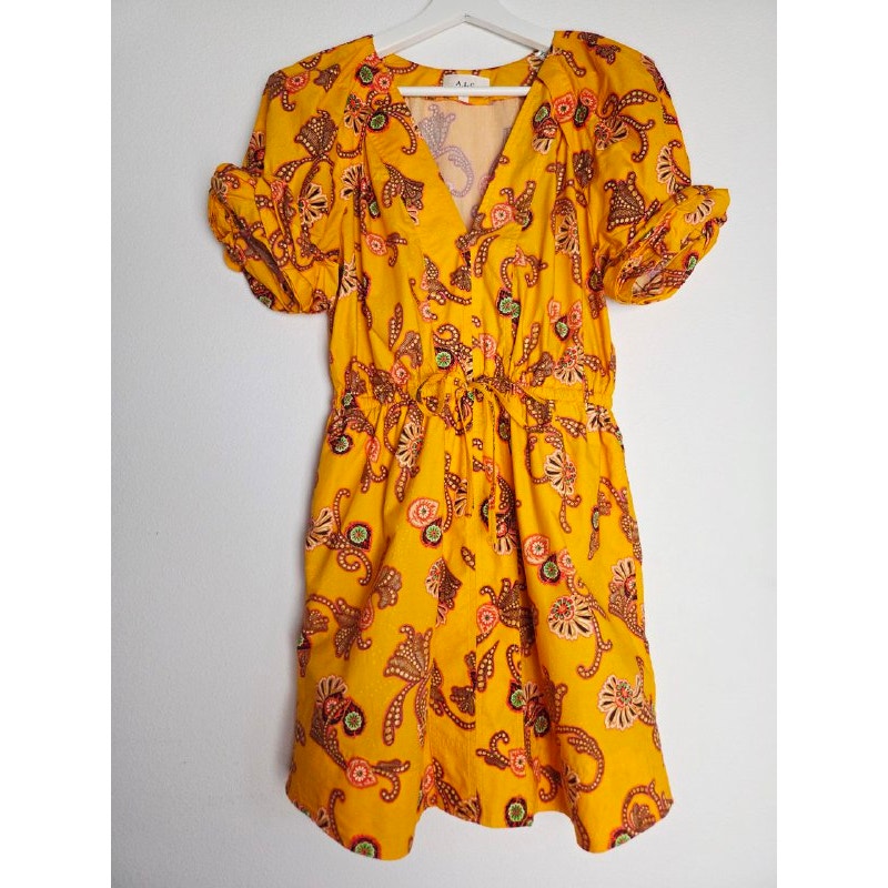 A.L.C. Mia Mini Dress 0 XS Yellow Paisley Puff Sleeves Drawstring Waist Pockets