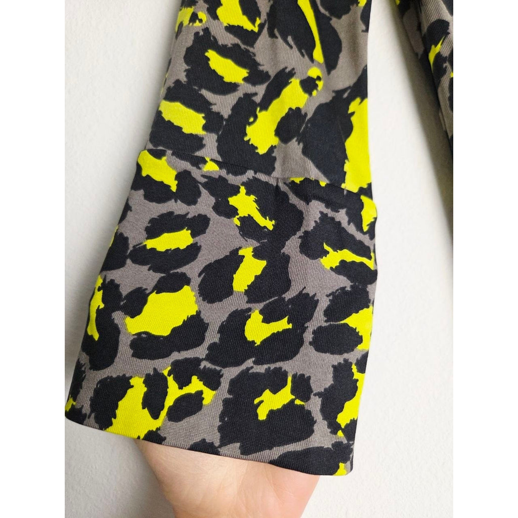 Diane von Furstenberg 100% Silk Dress 2 Yellow Leopard Laetitia 3/4 Sleeve
