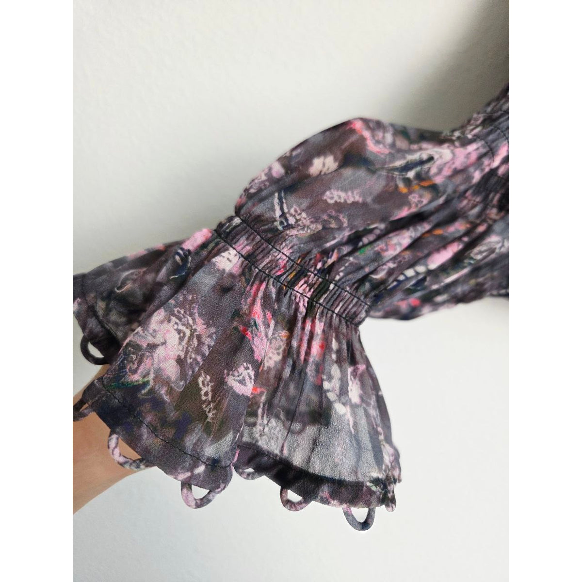 IRO Lolly Chiffon Mini Dress EU 34 XS 2 Black Pink Ruffle Bell Sleeve