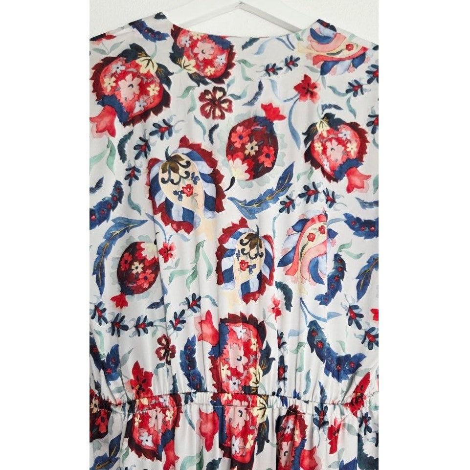 Sachin & Babi Multi Bloom Dress 2 Small Floral Pomegranate Print Faux Wrap Midi