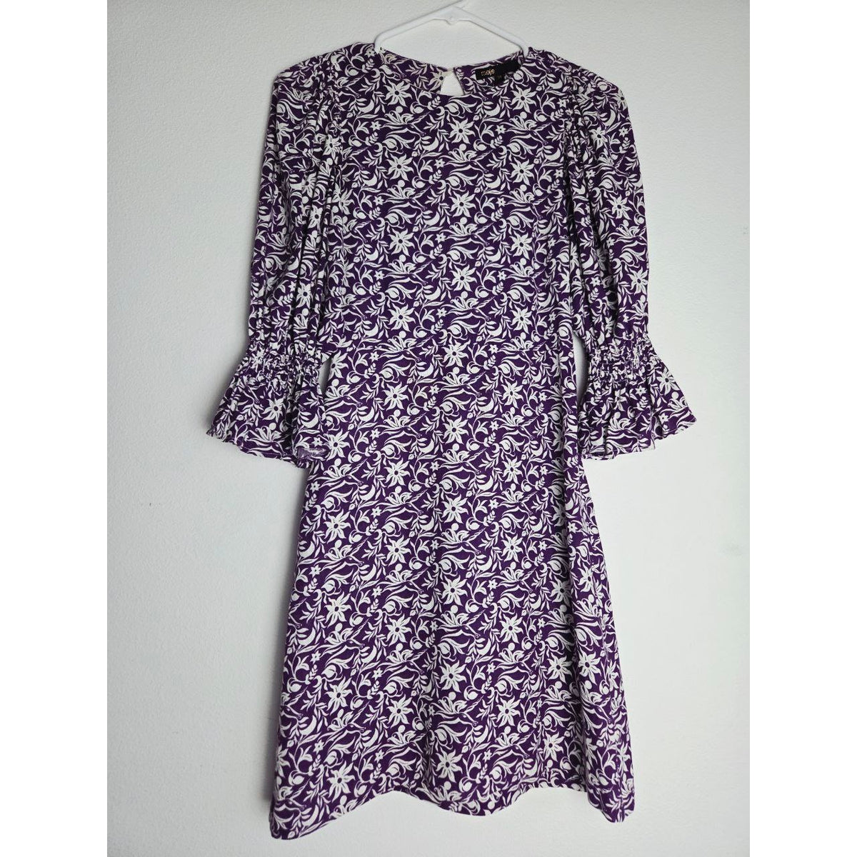Front view on hanger of Maje Roniriqua purple floral mini dress
