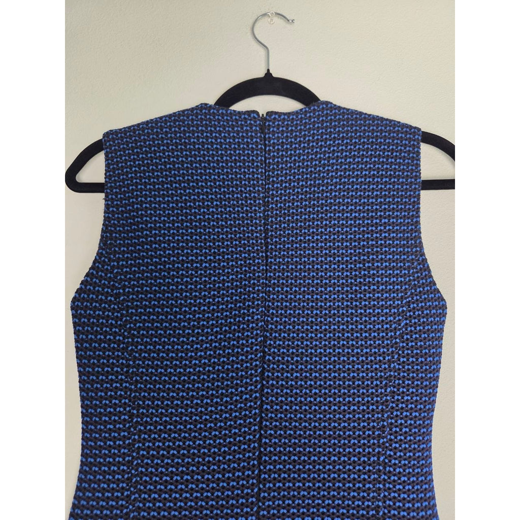 Back bodice and zipper of Derek Lam blue and black sheath dress