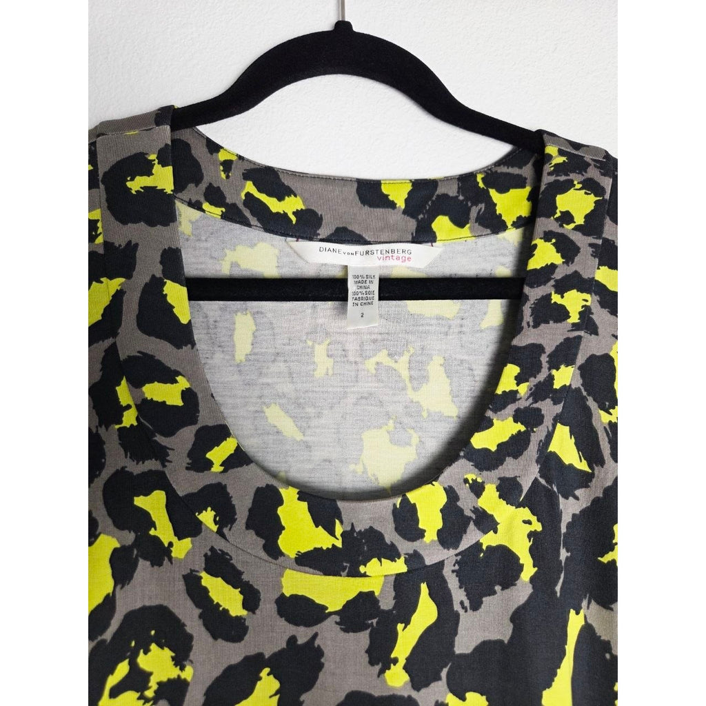 Diane von Furstenberg 100% Silk Dress 2 Yellow Leopard Laetitia 3/4 Sleeve