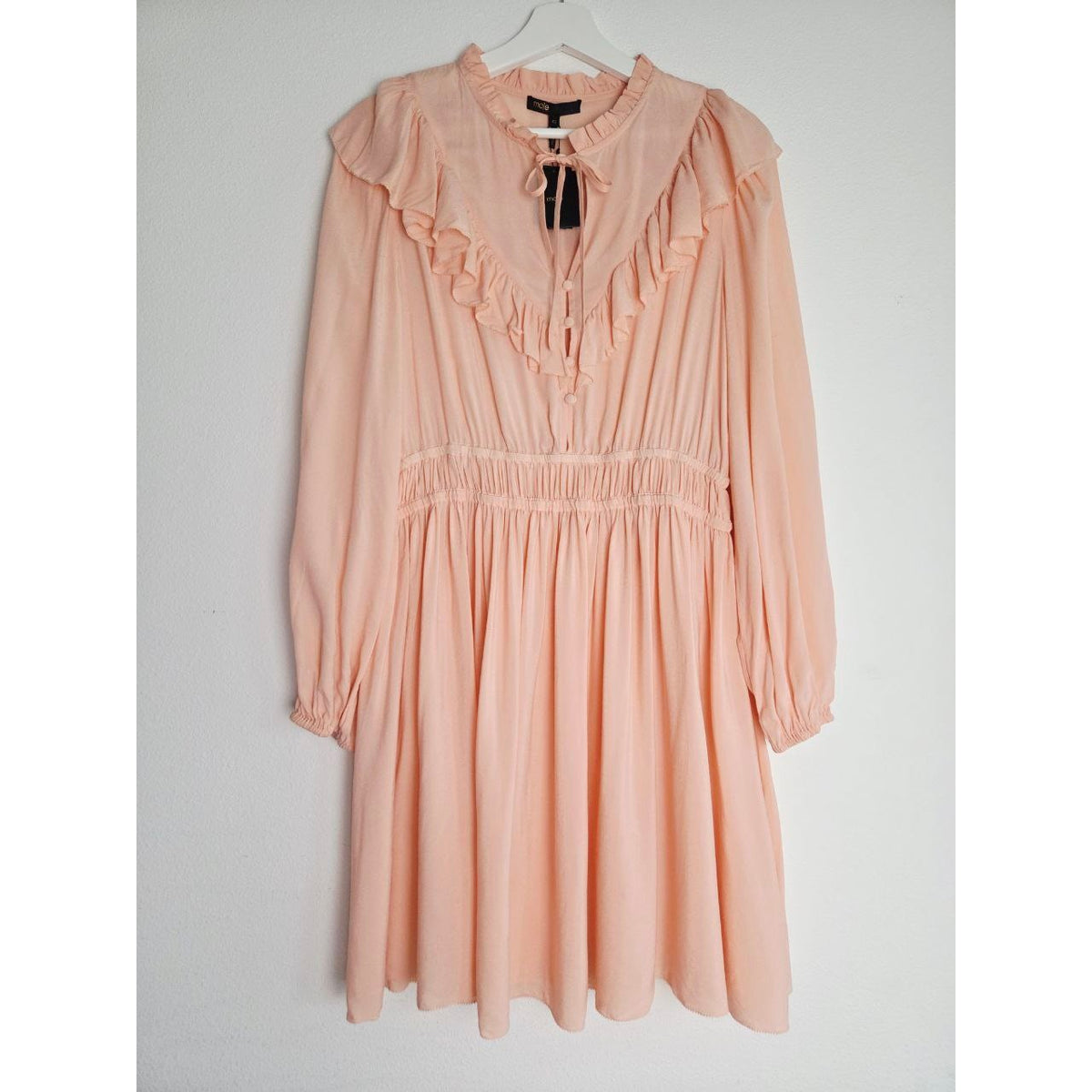 Front view on hanger of Maje Riava blush mini dress