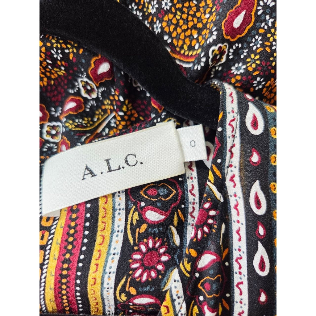 A.L.C. Silk Dress 0 XS Vicky Mini Long Sleeves Scarf Print Asymmetrical Hem Boho